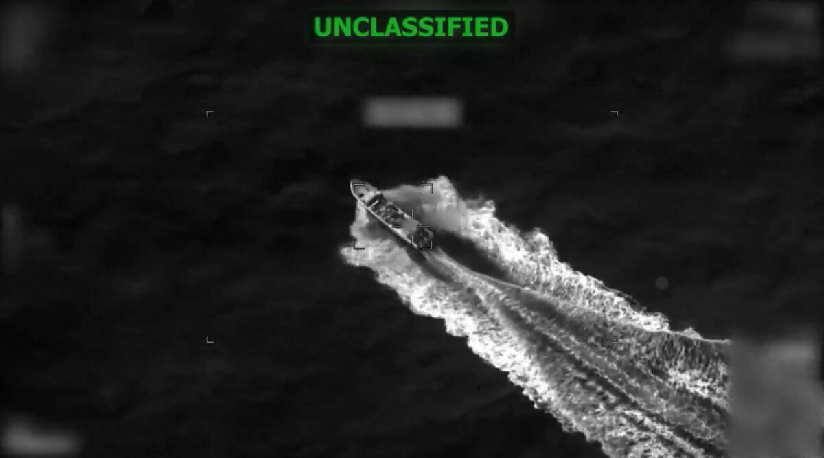 A screenshot from footage of a boat strike targeting drug trafficking in the Eastern Pacific on April 26, 2026. (U.S. Southern Command)