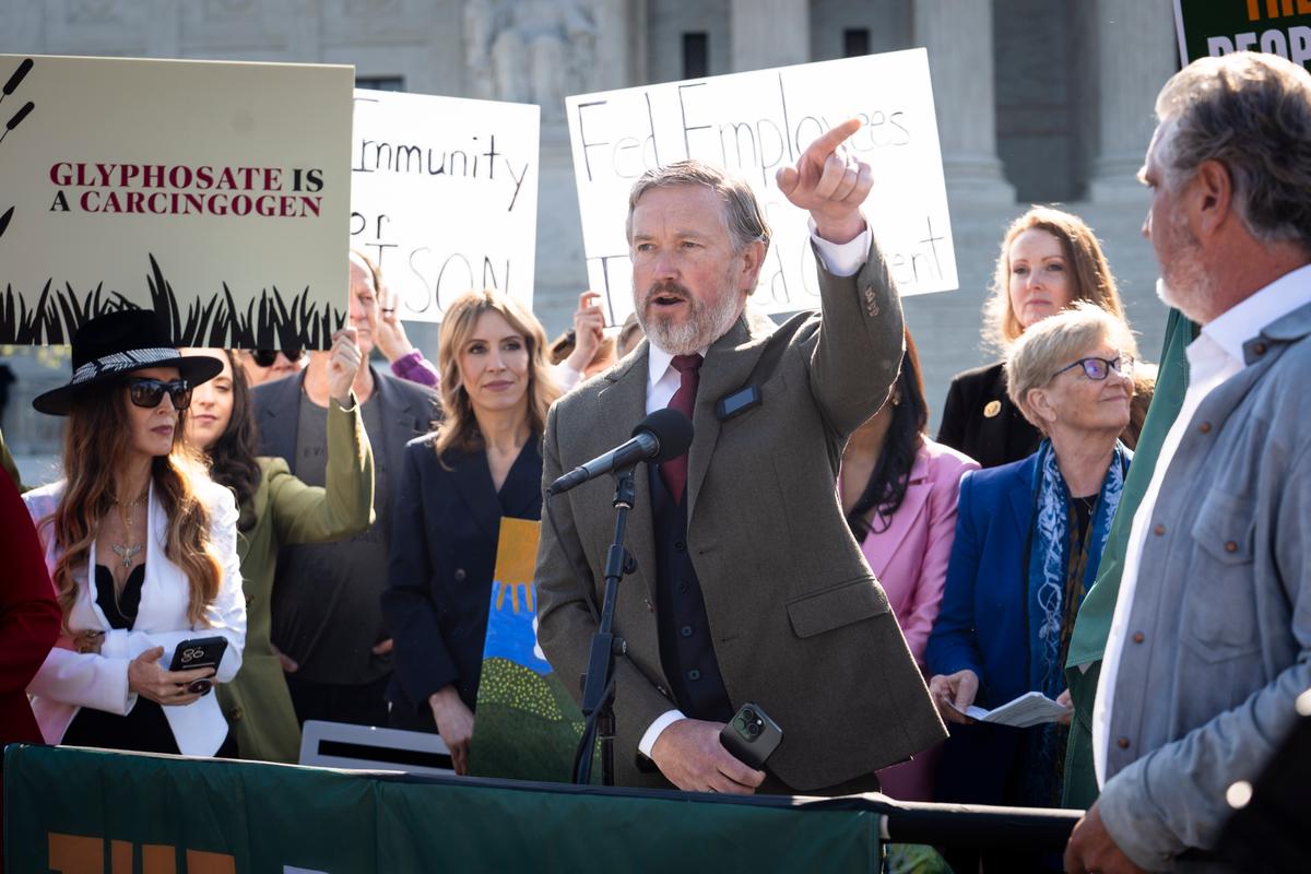 Rep. Thomas Massie (R-Ky.) speaks at a "People vs. Poison" rally against pesticides while the Supreme Court hears a pesticide liability case in Washington on April 27, 2026. (Madalina Kilroy/The Epoch Times)