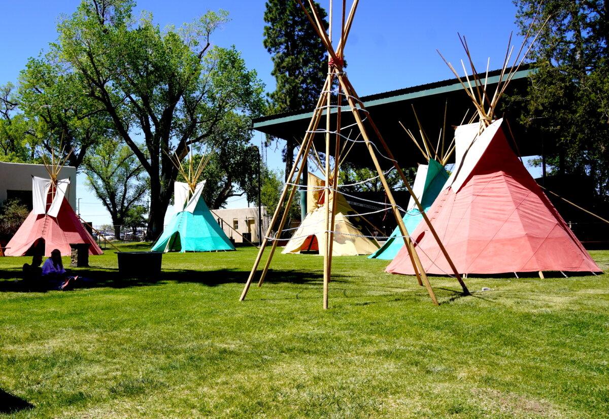 A teepee display during the final Gathering of Nations powwow at Expo New Mexico in Albuquerque, N.M., on April 24, 2026. (Allan Stein/The Epoch Times)