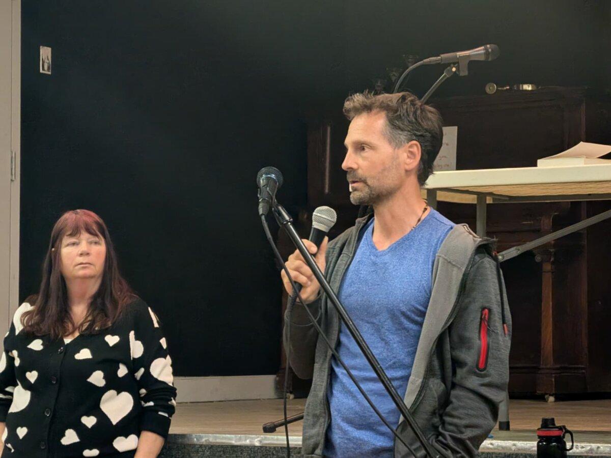 Cowichan Valley resident Kyle Cheveldayoff speaks at the Eagles Hall in Duncan, B.C., on April 20, 2026. Cheveldayoff and other residents argued that the Cowichan Valley Regional District's proposed Bylaw 4632 and the Comprehensive Zoning Bylaw work against the interests of residents and infringe on their property rights and personal liberties. (Paul Rowan Brian/The Epoch Times)