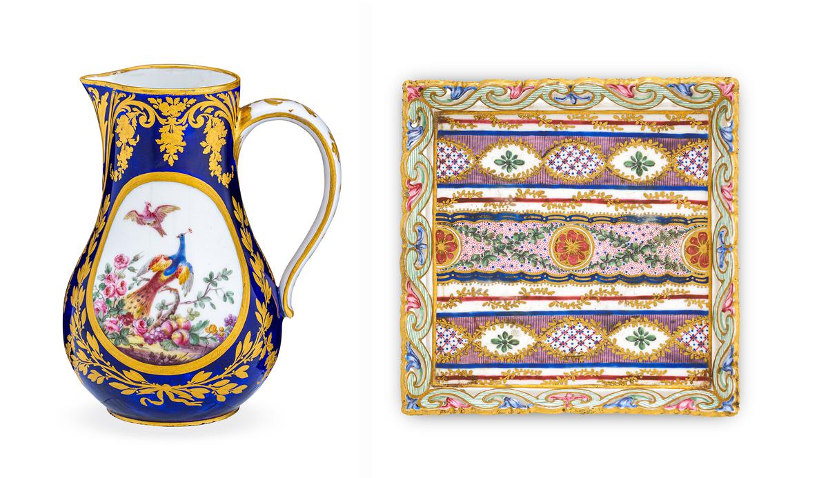 A compilation of porcelain from Sèvres Porcelain Manufactory on display at the New Orleans Museum of Art until Jan. 3, 2027. (Left) Water jug, 1780, painted by Denis Levé and gilded by Etienne-Henry Le Guay. (Right) Tray, 1766, painted by Charles-Louis Méreaud. (Courtesy of New Orleans Museum of Art)
