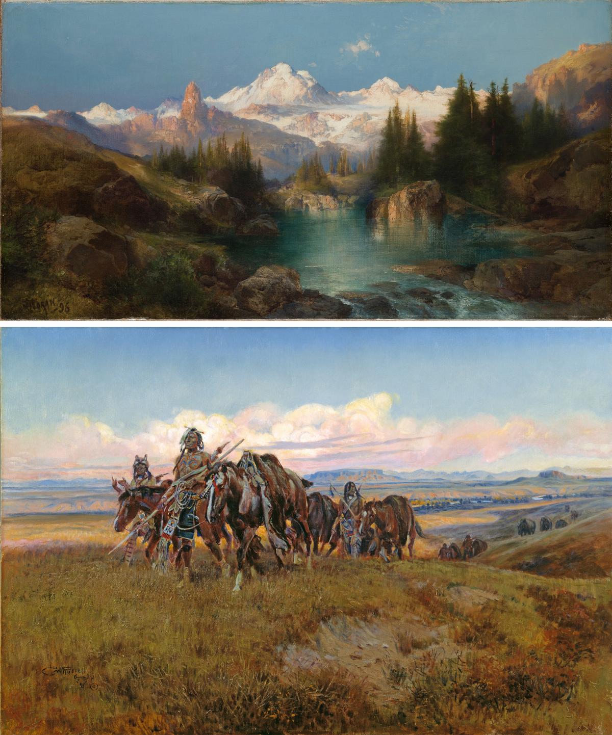 (Top) "A Snowy Mountain Range (Path of Souls, Idaho)," 1896, by Thomas Moran. Oil on canvas. (Bottom) "In the Enemy's Country," 1921, by Charles Marion Russell. Oil on canvas. Denver Art Museum. (Public Domain)