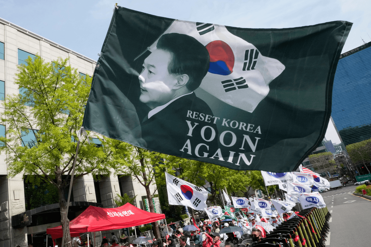 Supporters of former South Korean President Yoon Suk Yeol stage a rally outside the Seoul High Court in Seoul on April 29, 2026. (Ahn Young-joon/AP Photo)
