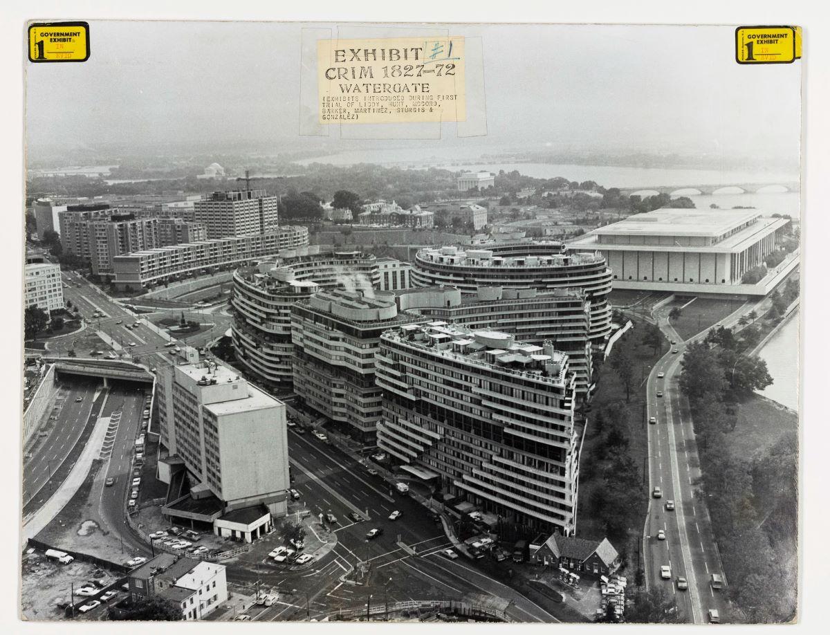 A view of the Watergate complex in Washington, with the Howard Johnson motel to the left, with legal notation from the trial of the White House Plumbers. (Public Domain)