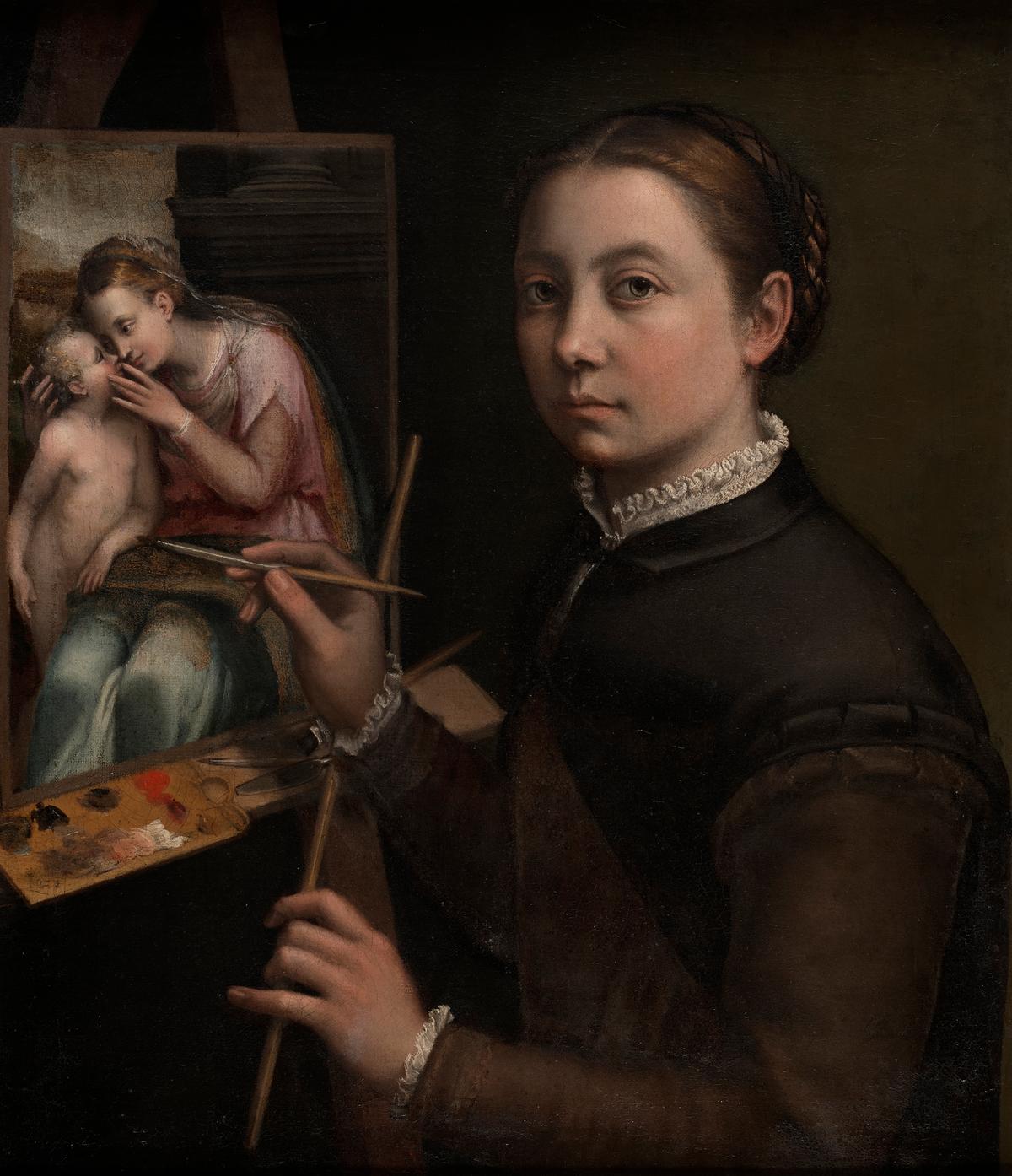 Self-portrait "At the Easel," 1556, by Sofonisba Anguissola. Oil on canvas; 26 inches by 22 7/16 inches. Lancut Castle, Poland. (Public Domain)