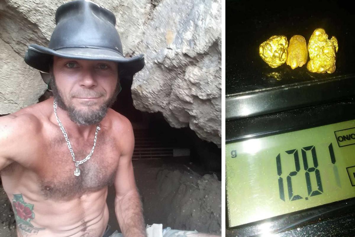 (Left) Professional gold prospector Justin Denig (Courtesy of Justin Denig); (Right) Denig weighs several river gold specimens. (Courtesy of Justin Denig)