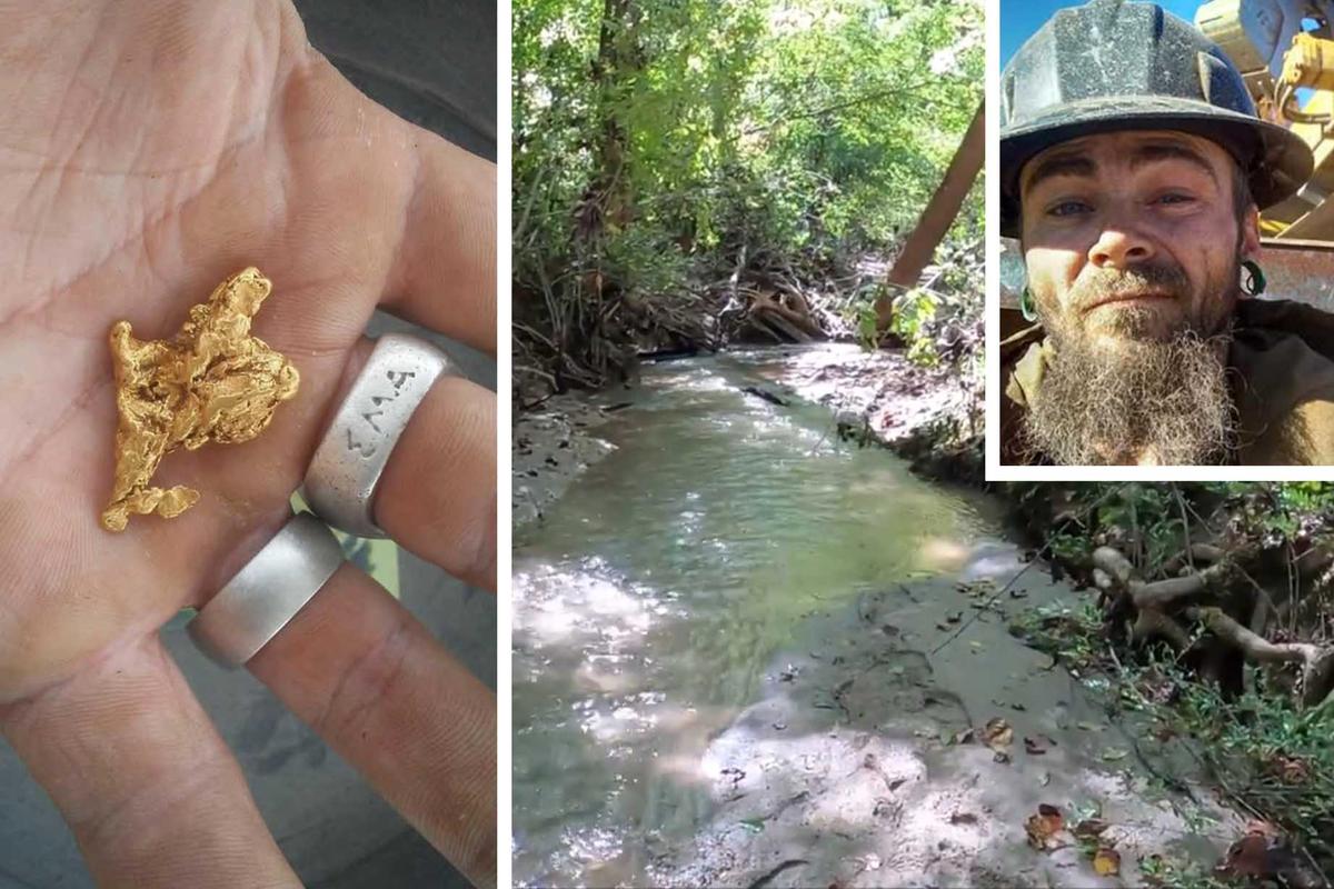 (Left) Denig holds a nugget of gold he found in a stream (Courtesy of Justin Denig); (Center) A small stream in South Carolina's slate belt is where Denig was able to find concentrations of river gold (Courtesy of Justin Denig); (Right) Denig at a mining site. (Courtesy of Justin Denig)