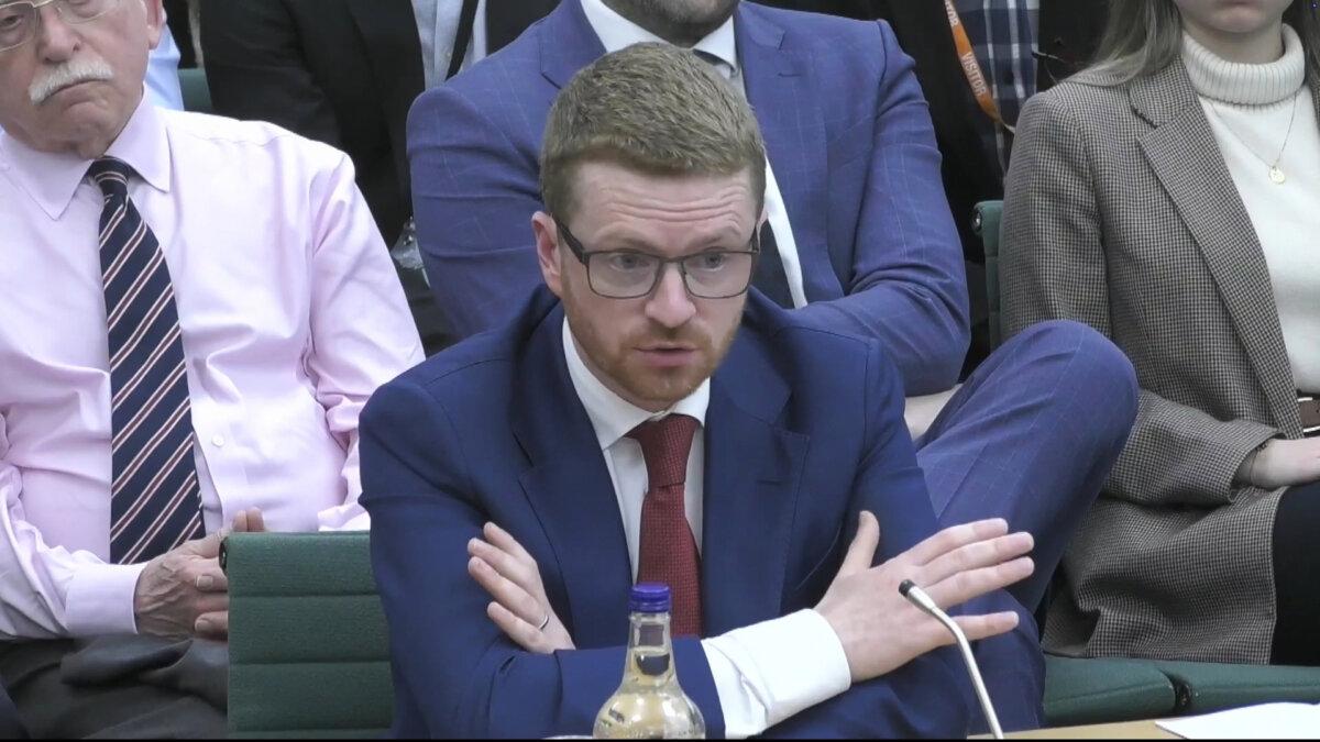 A screen grab of former No.10 chief of staff Morgan McSweeney appearing before the Foreign Affairs Committee about Lord Peter Mandelson's vetting process at the Houses of Parliament, in London, on April 28, 2026. (House of Commons/UK Parliament/PA via AP)