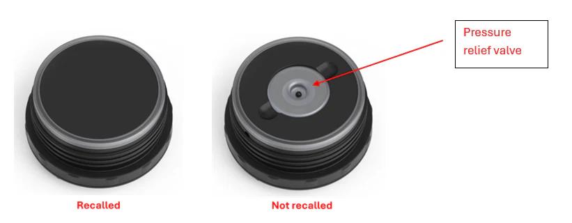 A photograph from Thermos shows the difference between stoppers that are missing the pressure relief valve, and stoppers that include the valve. (Thermos via The Epoch Times)