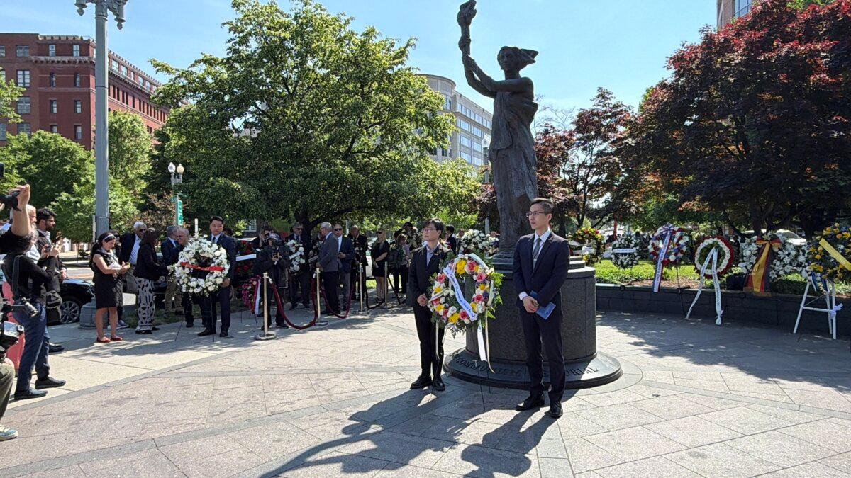 The Victims of Communism Memorial in Washington on April 23, 2026. The memorial, a replica of the Goddess of Democracy statue erected by Tiananmen Square protesters in 1989, honors the more than 100 million people killed under communist regimes since the 1917 Bolshevik Revolution. (The Epoch Times)
