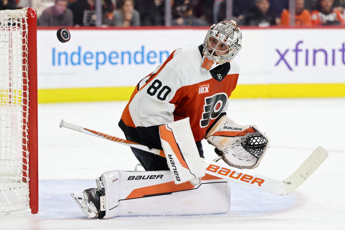 Dan Vladar of the Philadelphia Flyers makes a save against the Pittsburgh Penguins during the third period in Game Six of the First Round of the 2026 Stanley Cup Playoffs at Xfinity Mobile Arena in Philadelphia, Pa., on April 29, 2026. (Emilee Chinn/Getty Images)