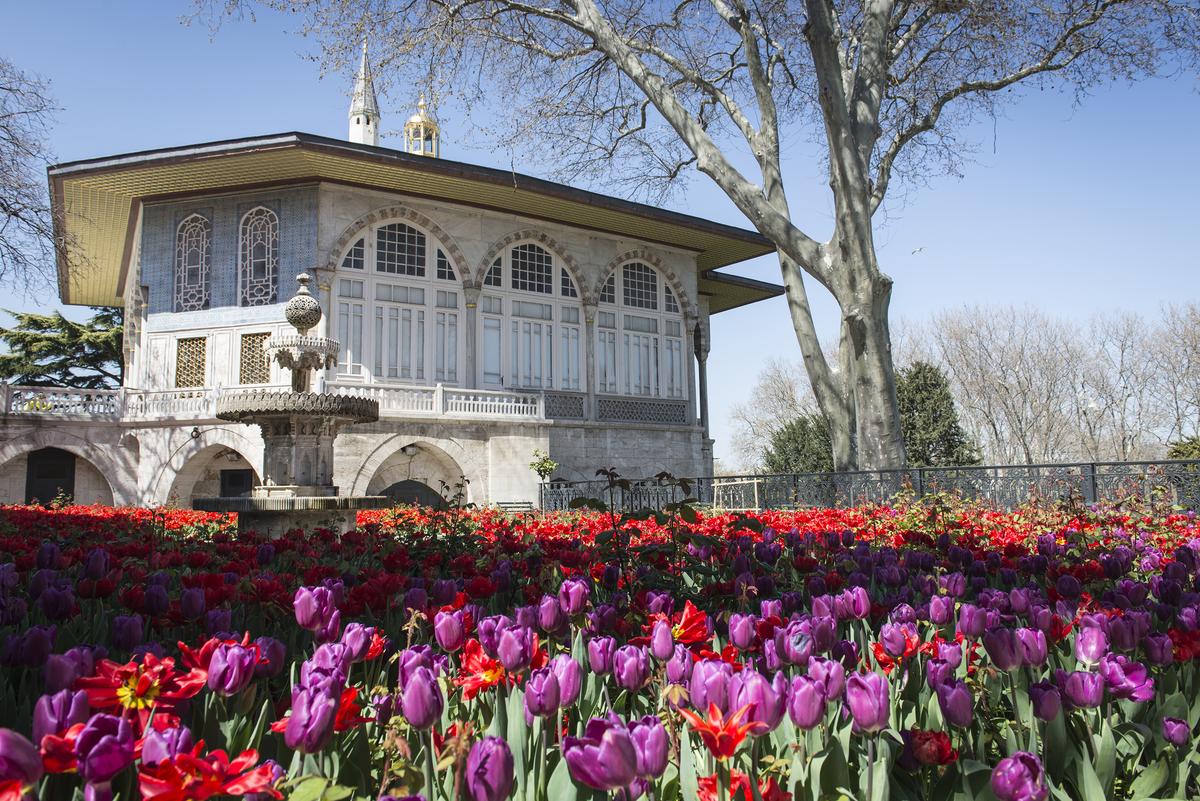 The Fourth Courtyard is centered on the colorful Tulip Garden, filled with Turkey’s national flower. It served as a setting for major ceremonies, including solemn royal accessions, where the sultan publicly affirmed his authority before assembled subjects. Beyond its ceremonial role, the courtyard supported art, literature, and scholarship through its historic library and resident scholars. It also provides visitor access to the Imperial Apartments, including the sultan’s private chambers. (Chendongshan/Shutterstock)