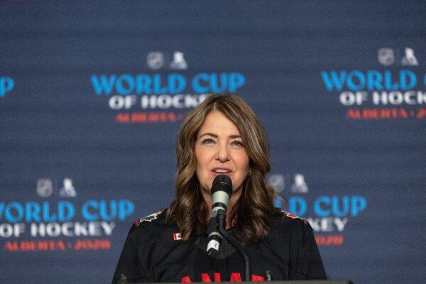 Alberta Premier Danielle Smith speaks during the announcement of the 2028 World Cup of Hockey being hosted in Alberta, in Edmonton on March 16, 2026. (The Canadian Press/Jason Franson)