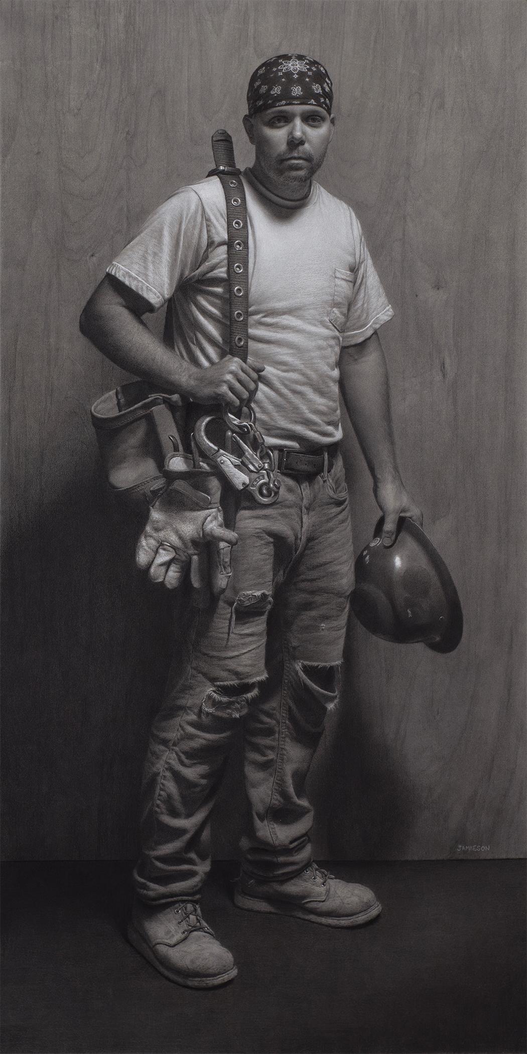 “Iron Man–Portrait of Anthony Adcock” by David Jamieson (Illinois, United States). Graphite, pastel, charcoal and ink wash on paper; 48 inches by 24 inches. Recipient of the Third Place Painting Award at the Portrait Society of America’s 28th Annual International Portrait Competition. (Courtesy of the Portrait Society of America)