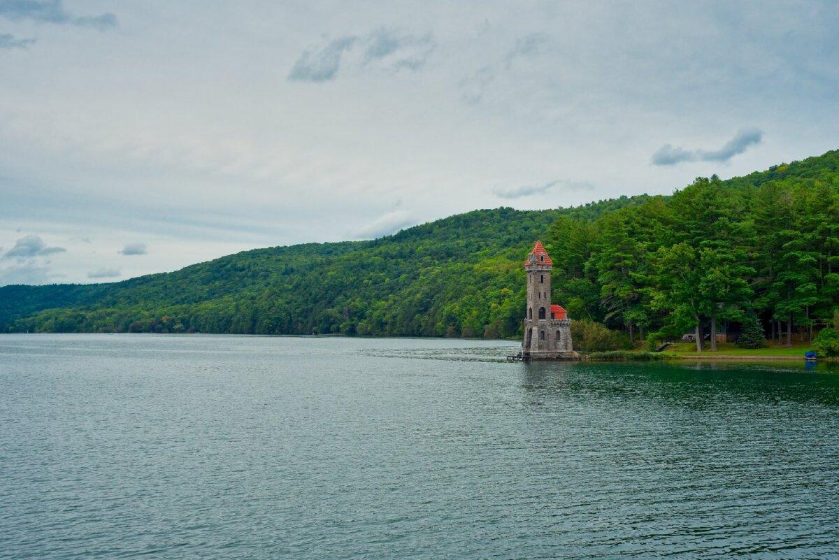 The 60-foot-tall Kingfisher Tower on Otsego Lake in Cooperstown, N.Y., was added by a wealthy resident who wanted to beautify the lake. (The Otesaga Resort Hotel)