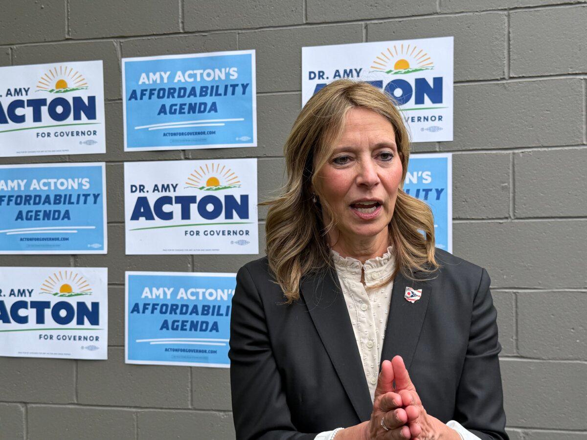 Dr. Amy Acton, the former Ohio health director who is running as a Democrat for governor of Ohio, speaks to reporters at an event in Columbus on May 4, 2026. (Janice Hisle/The Epoch Times)