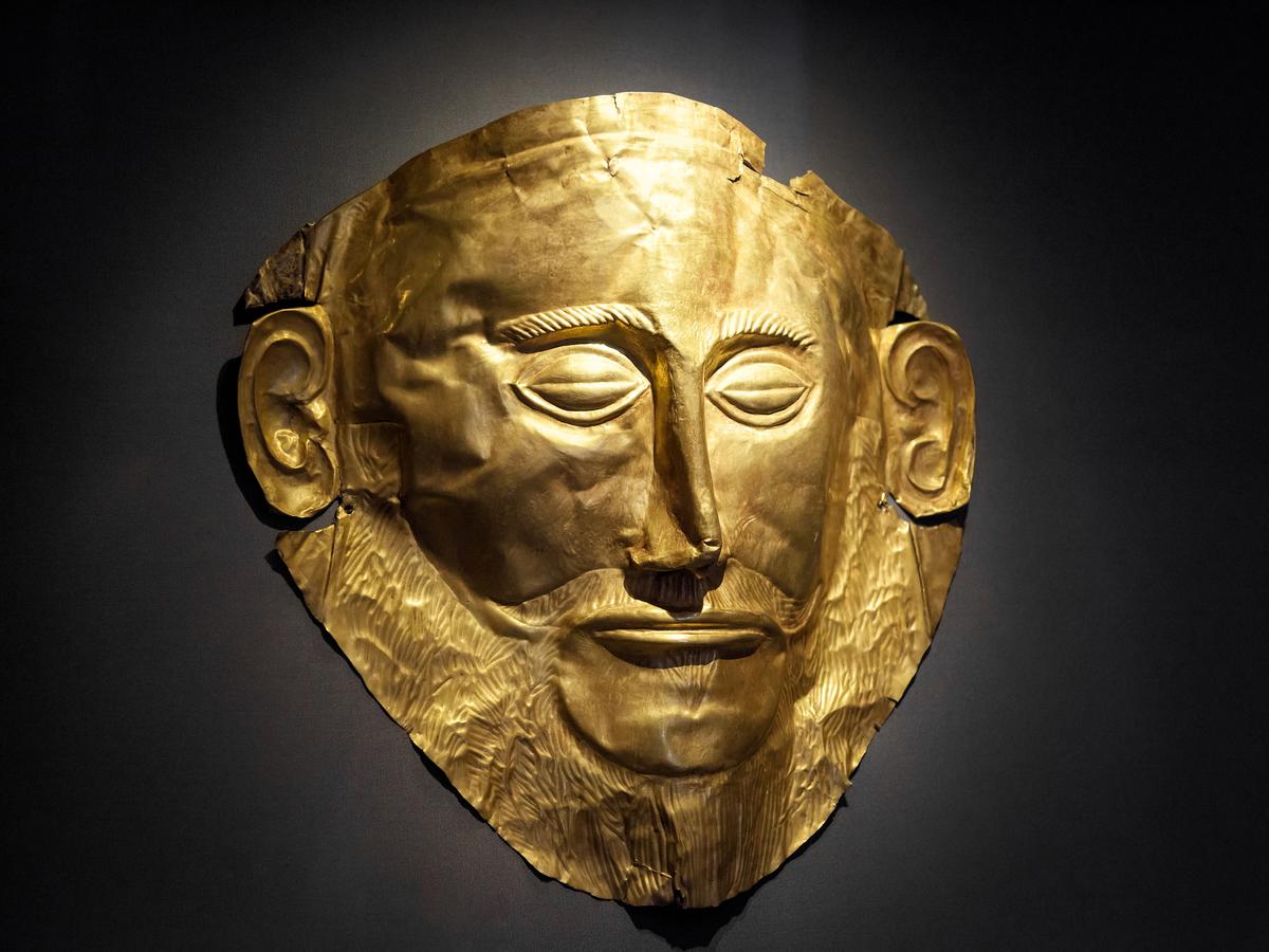 Death-mask, known as the “Mask of Agamemnon,” 16th century B.C., from Mycenae. Gold sheet with repousse details. National Archeological Museum, Athens. (Viacheslav Lopatin/Shutterstock)
