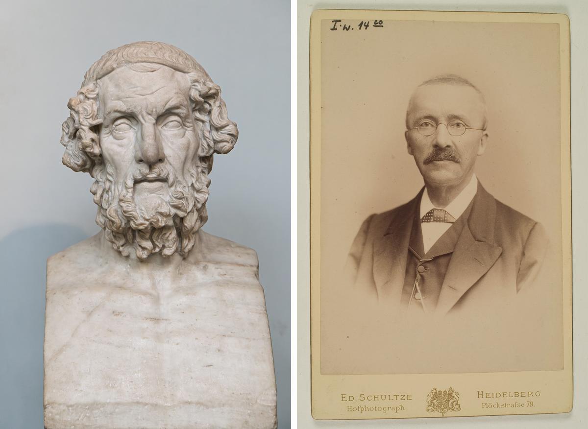 A compilation image of (Left) a portrait bust of the blind poet Homer, Roman copy of the 2nd century B.C. Hellenistic original at the British Museum, London (Roman Belogorodov/Shutterstock). (Right) a portrait of German businessman and archaeologist Heinrich Schliemann, circa 1866–1890. (<a class="external text" href="http://heidicon.ub.uni-heidelberg.de/id/28763" rel="nofollow">HeidICON</a>/ <a title="Category:CC-BY-SA-4.0" href="https://commons.wikimedia.org/wiki/Category:CC-BY-SA-4.0">CC-BY-SA-4.0</a>)