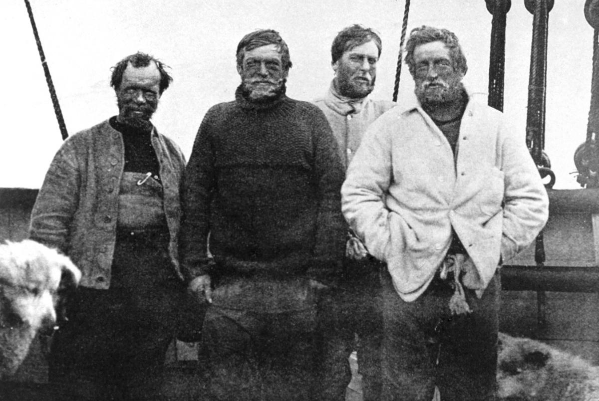 The Nimrod Expedition South Pole party: (L–R) Frank Wild, Ernest Shackleton, Eric Marshall, and Jameson Adams. The four men set out to reach the South Pole but were forced to turn back when they ran out of supplies on Jan. 9, 1909, 97 miles from their destination. (Public domain)