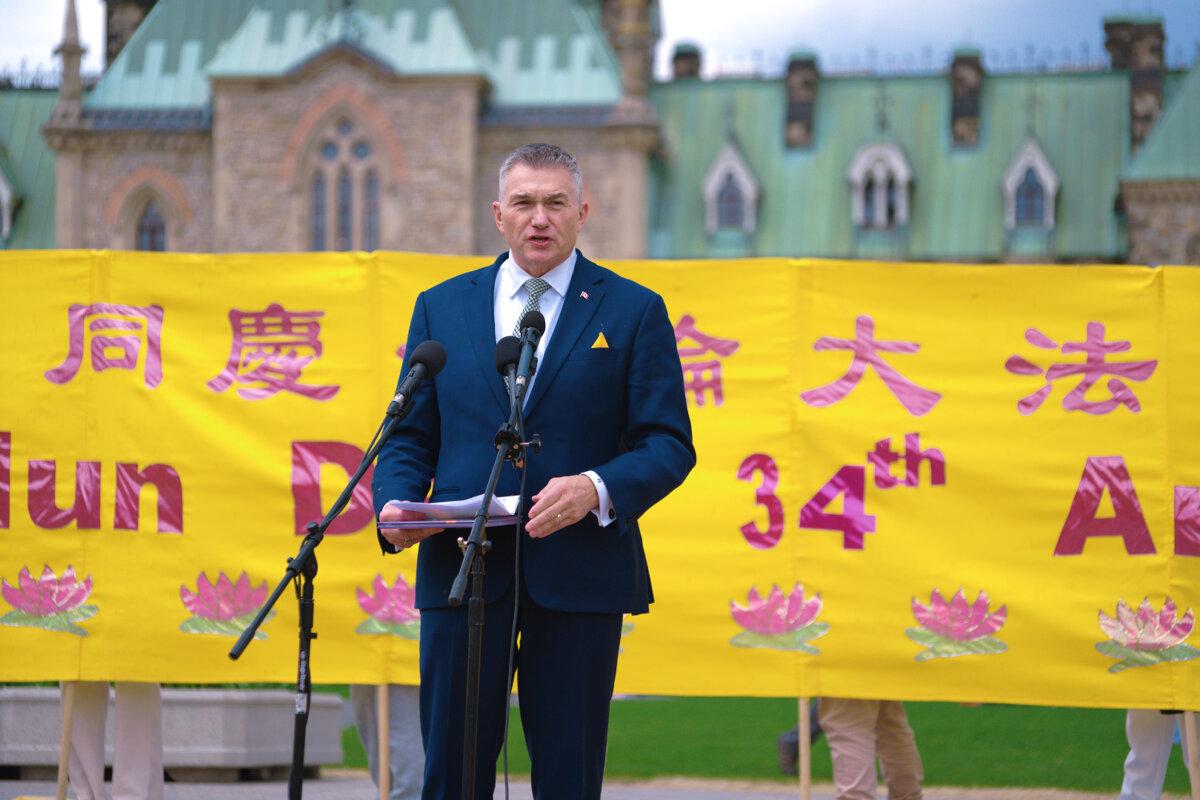 Conservative MP James Bezan celebrates the World Falun Dafa Day on Parliament Hill, Ottawa, on May 5, 2026. (Evan Ning/The Epoch Times)