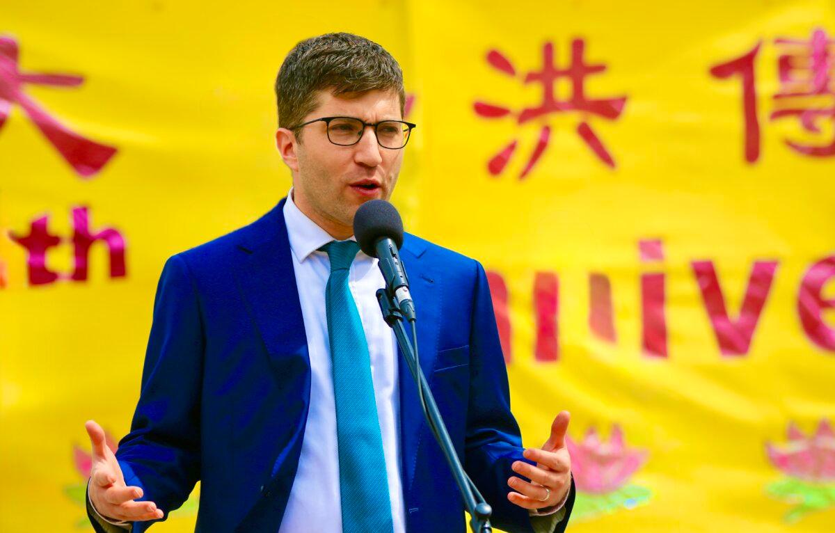 Conservative MP Garnett Genuis celebrates the World Falun Dafa Day on Parliament Hill, Ottawa, on May 5, 2026. (Jonathan Ren/The Epoch Times)