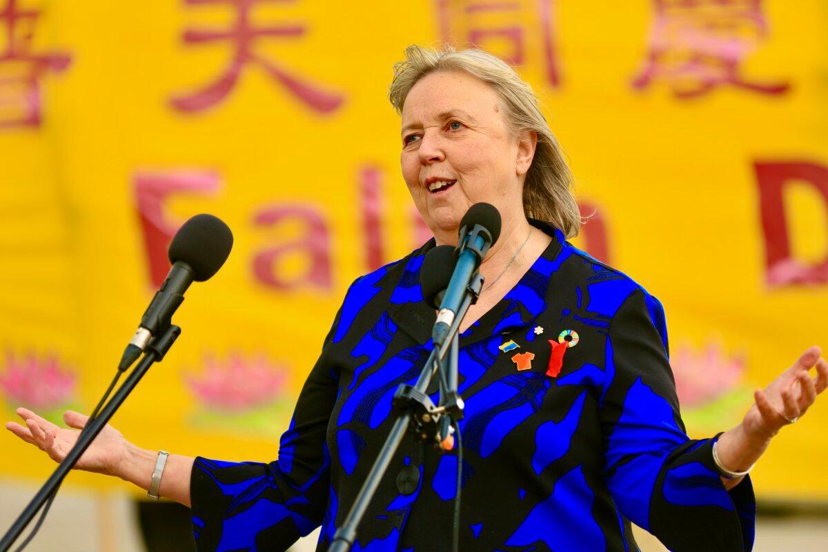 Green Party Leader Elizabeth May celebrates the World Falun Dafa Day on Parliament Hill, Ottawa, on May 5, 2026. (Jonathan Ren/The Epoch Times)