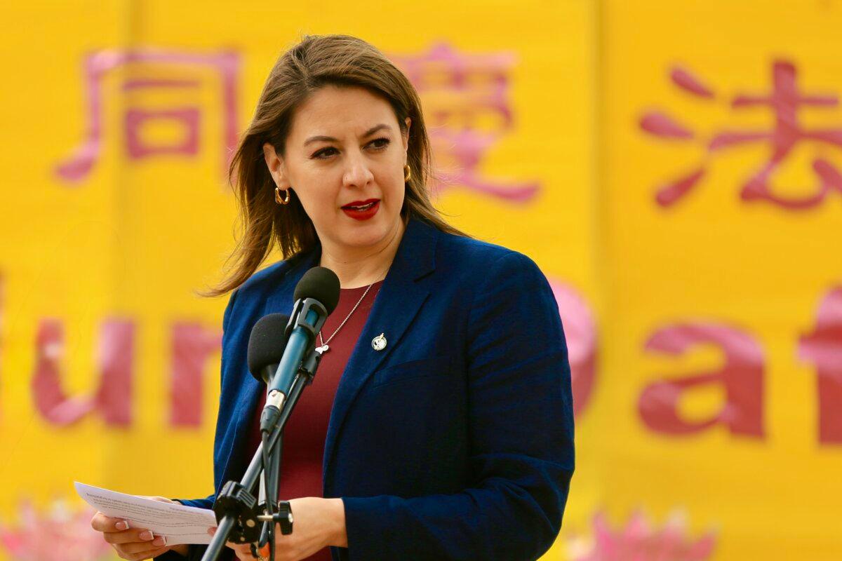 Conservative MP Sandra Cobena celebrates the World Falun Dafa Day on Parliament Hill, Ottawa, on May 5, 2026. (Jonathan Ren/The Epoch Times)