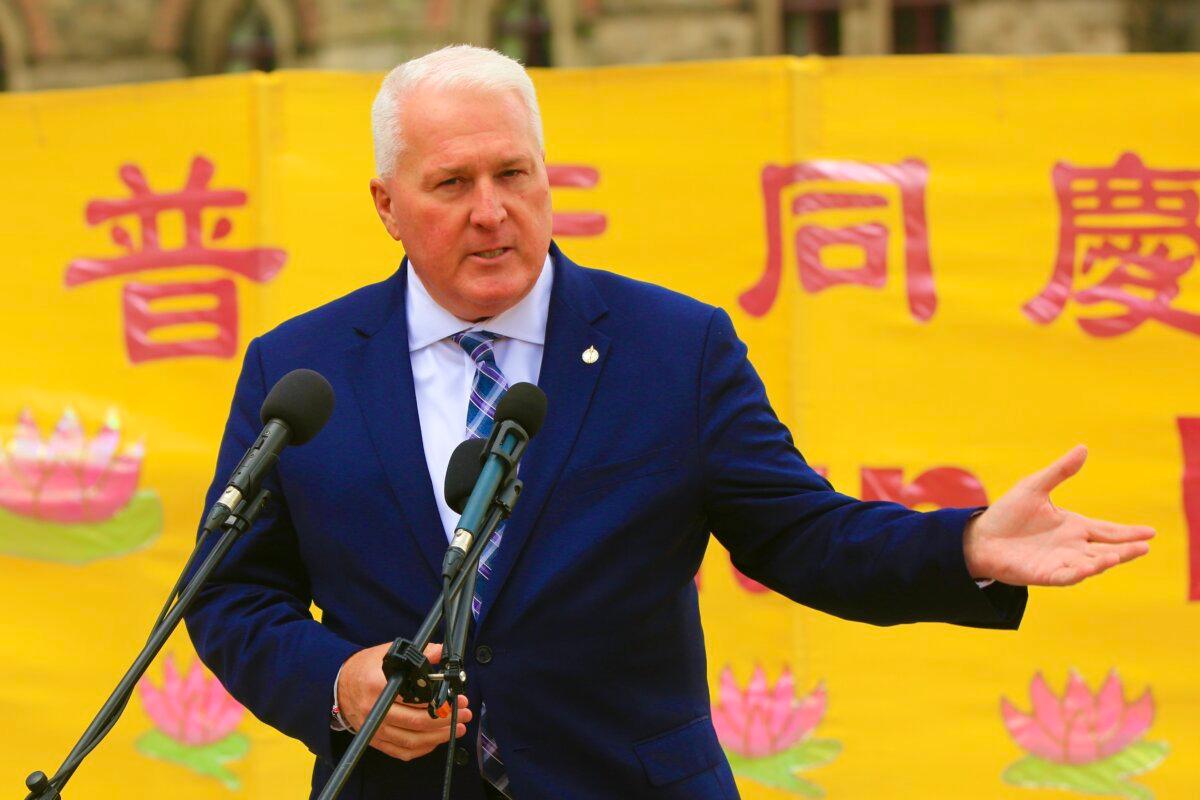 Conservative MP John Brassard celebrates the World Falun Dafa Day on Parliament Hill, Ottawa, on May 5, 2026. (Jonathan Ren/The Epoch Times)