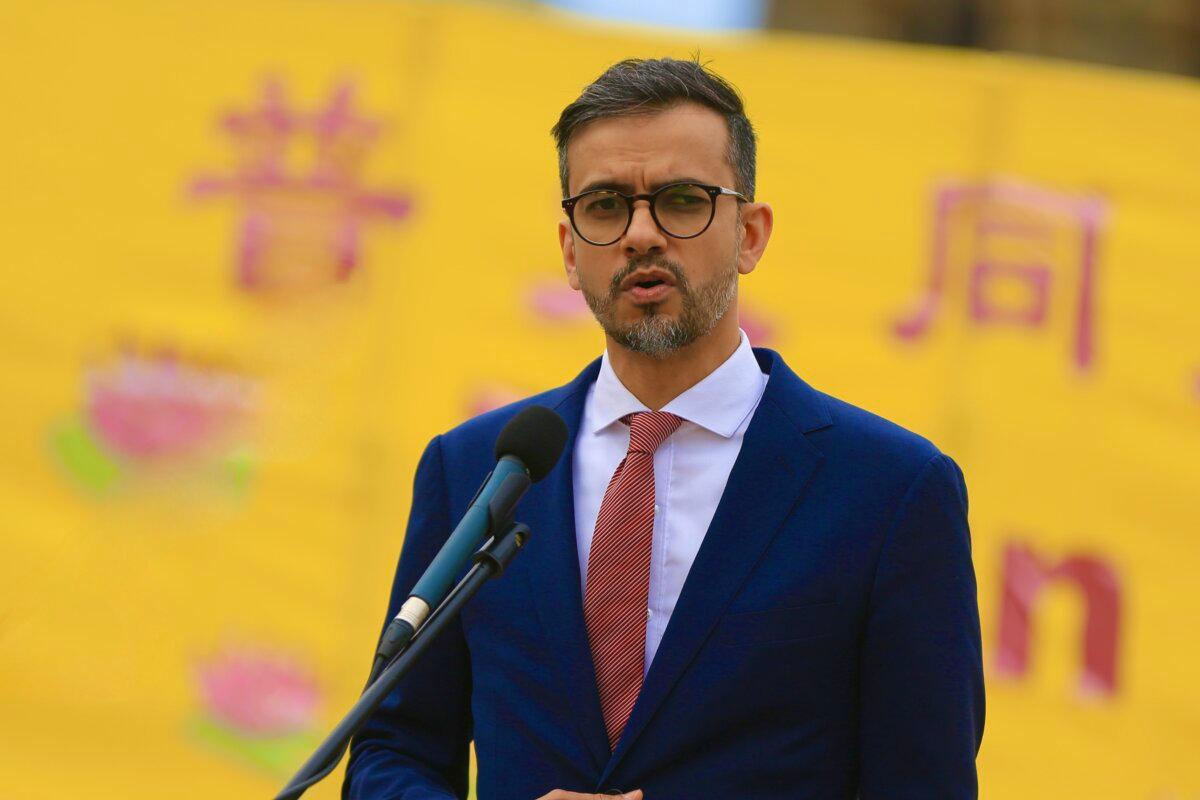 Liberal MP Sameer Zuberi celebrates the World Falun Dafa Day on Parliament Hill, Ottawa, on May 5, 2026. (Jonathan Ren/The Epoch Times)