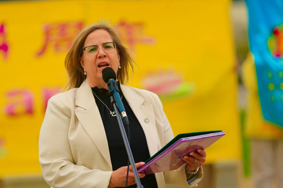 Conservative MP Connie Cody celebrates the World Falun Dafa Day on Parliament Hill, Ottawa, on May 5, 2026. (Jonathan Ren/The Epoch Times)