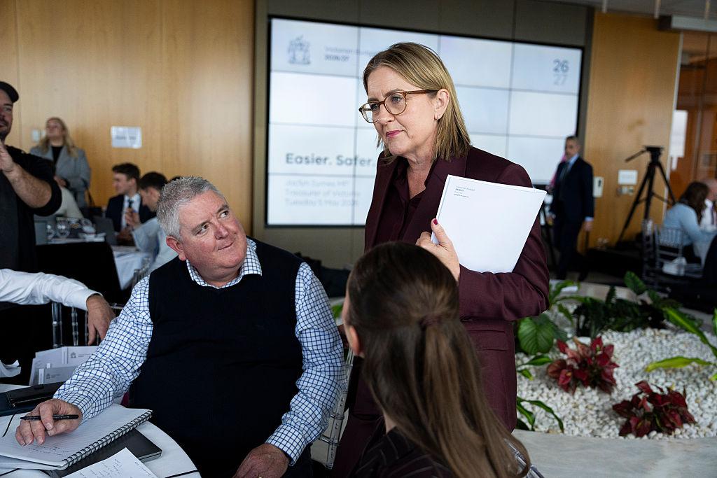 Victoria Premier Jacinta Allan speaks to members of the media during the budget media lockup in Melbourne, Australia on May 5, 2026. (Asanka Ratnayake/Getty Images)