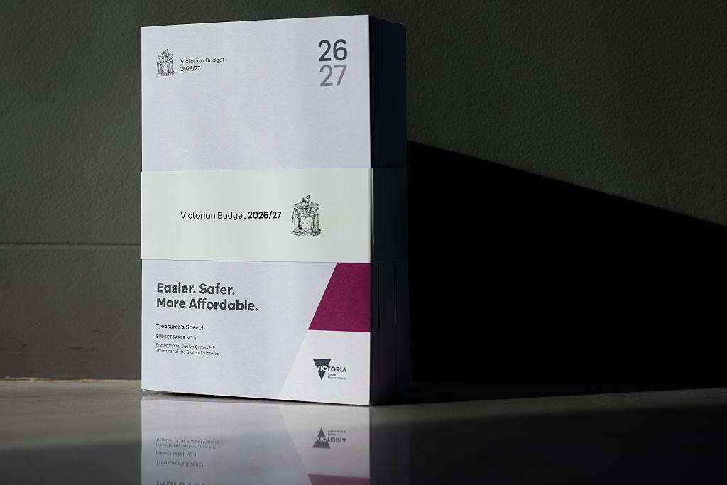 A copy of the Victorian state budget documents is seen during the budget media lockup in Melbourne, Australia on May 5, 2026. (Asanka Ratnayake/Getty Images)