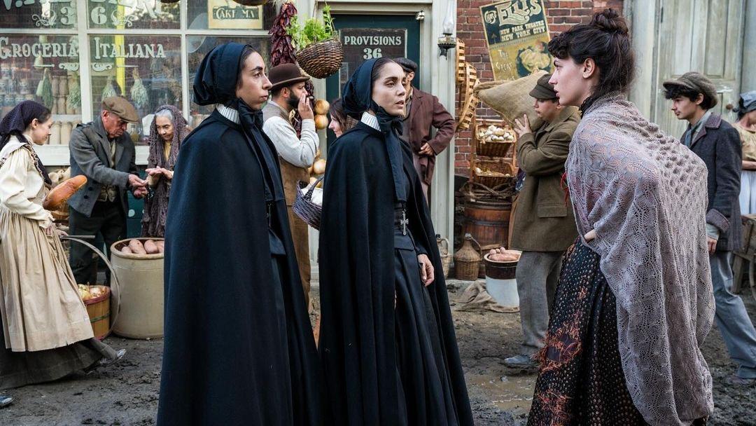 (L–R) Sister Umilia (Eugenia Forteza), Francesca Cabrini (Cristiana Dell'Anna), and Vittoria (Romana Maggiora Vergano), in “Cabrini.” (Angel Studios)