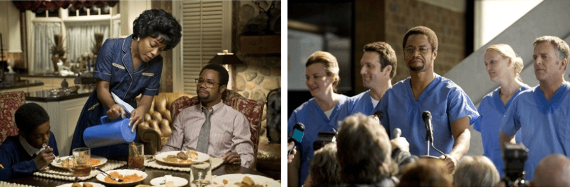 (Left) Sonya (Aunjanue Ellis) and Ben Carson (Cuba Gooding Jr., R). (Right) Dr. Carson (Cuba Gooding Jr., C), in “Gifted Hands.” (Sony Pictures Television)