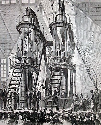 U.S. President Ulysses S. Grant and Emperor Pedro II of Brazil starting the Corliss Centennial Engine at the opening ceremonies of the Centennial Exhibition. (Public Domain)