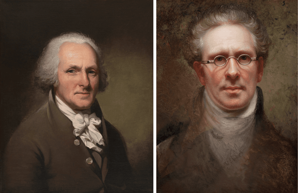 (Left) Self-Portrait, circa 1791, by Charles Willson Peale. (Right) Self-Portrait, 1828, by Rembrandt Peale. (Public Domain)