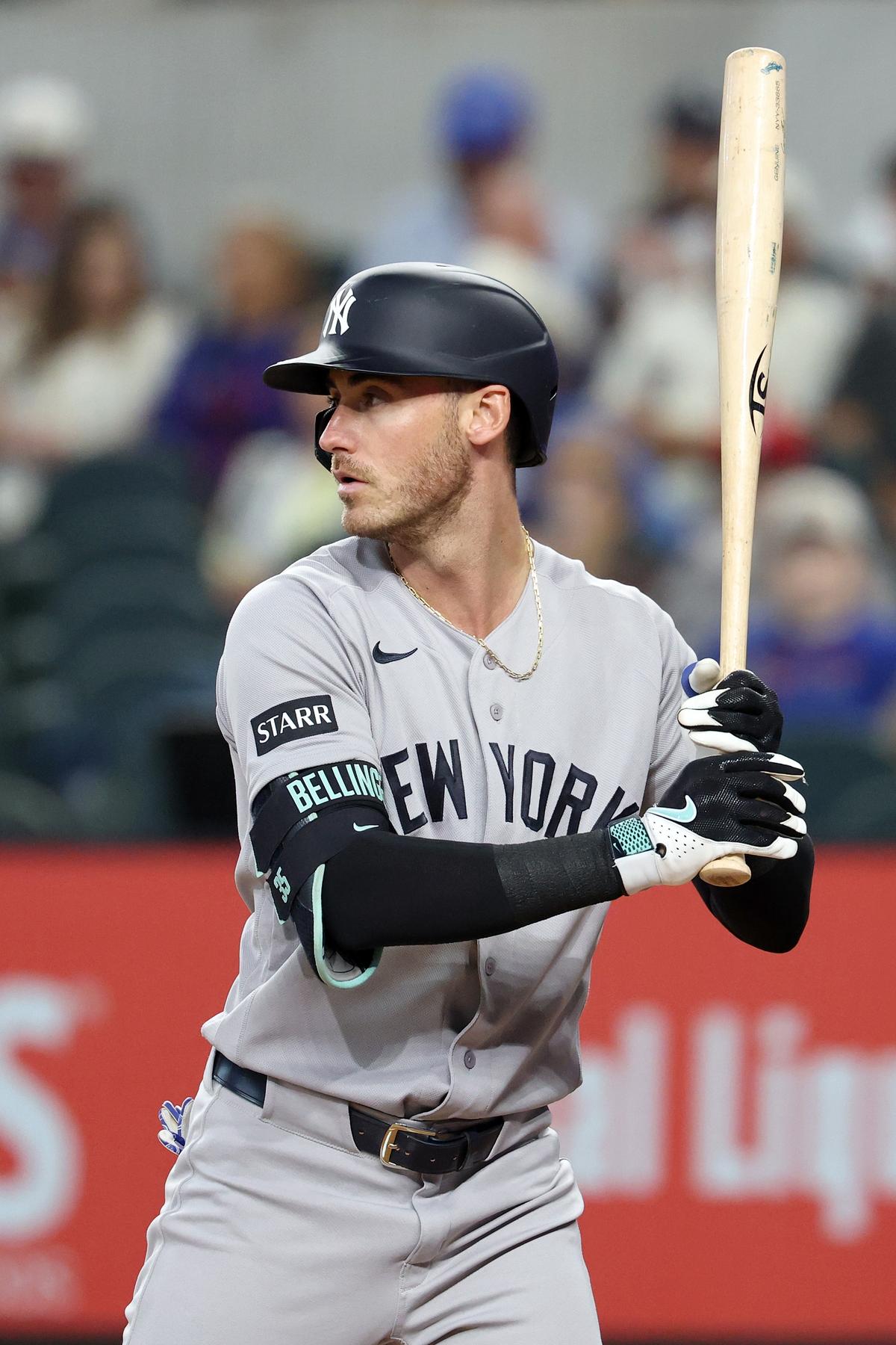 Cody Bellinger #35 of the New York Yankees at bat during a game against the Texas Rangers at Globe Life Field in Arlington, Texas on April 29, 2026. (Stacy Revere/Getty Images)