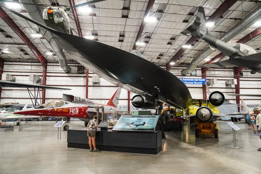 A Lockheed SR-71 Blackbird on display at the Pima County Air and Space Museum in Tucson, Ariz., on April 19, 2026. (Allan Stein/The Epoch Times)