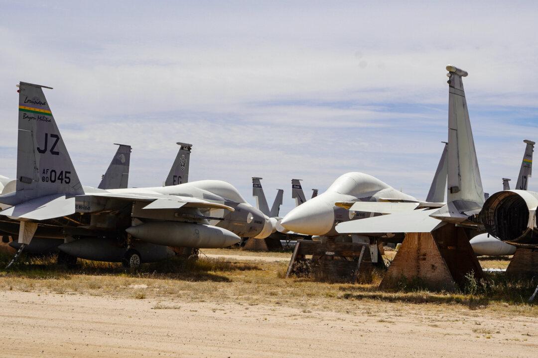 Fighter jets sit in storage at the 309th Aerospace Maintenance and Regeneration Group at Davis-Monthan Air Force Base in Tucson, Ariz., on April 21, 2026. (Allan Stein/The Epoch Times)
