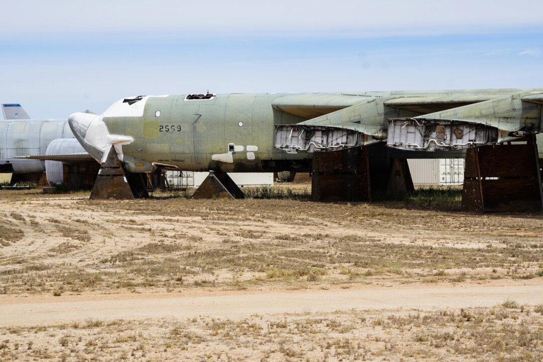 A B-52 Stratofortress is seen in storage at Davis-Monthan Air Force Base in Tucson, Ariz., on April 21, 2026. In May 2019, a B-52 nicknamed “Wise Guy” became only the second to be returned to service from the boneyard, according to Air Force Times. (Allan Stein/The Epoch Times)