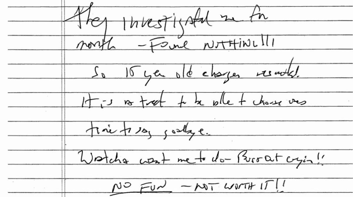 An unsealed note purportedly penned by Jeffrey Epstein. (U.S. Southern District of New York via The Epoch Times)