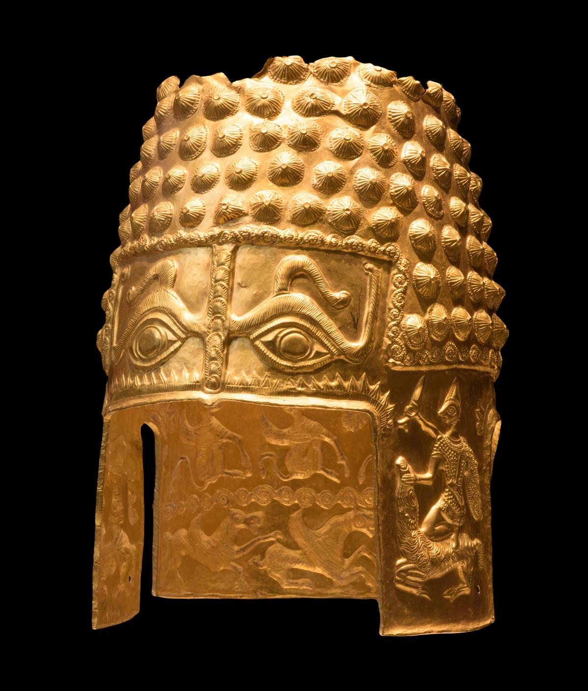 The golden helmet of Cotofenesti, a Geto-Dacian helmet dating from 450–400 B.C, is made of electrum (gold-silver-copper alloy) and weighs around 2 pounds. (Dima Moroz/Shutterstock)