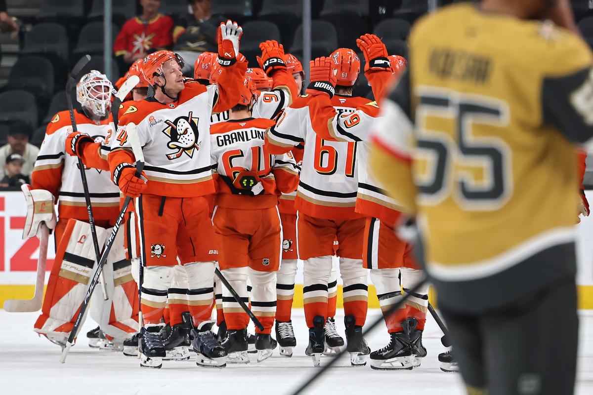 The Anaheim Ducks celebrate their 3-1 victory over the Vegas Golden Knights in Game Two of the Second Round of the 2026 Stanley Cup Playoffs at T-Mobile Arena in Las Vegas, Nev., on May 06, 2026. (Ethan Miller/Getty Images)