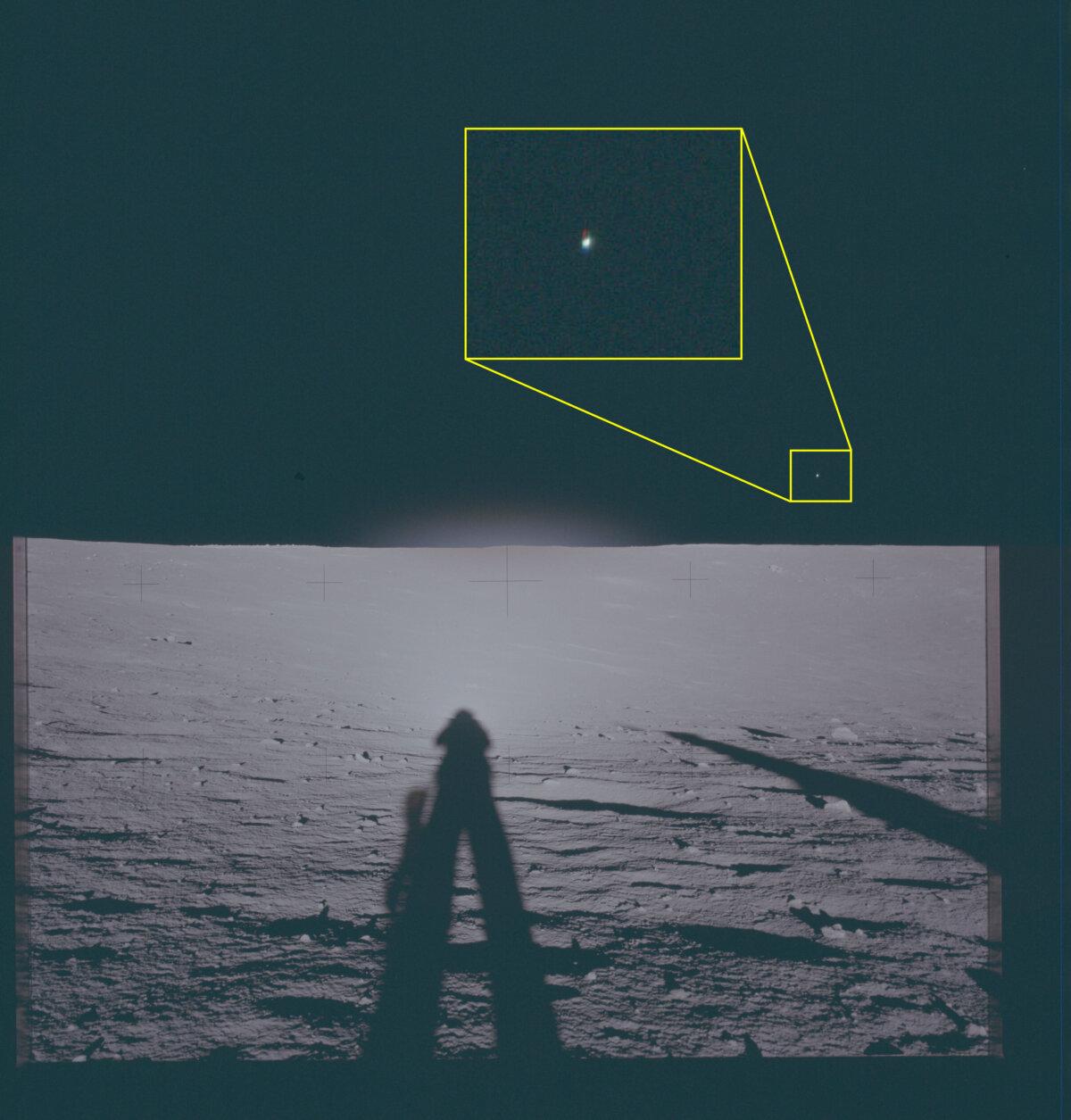 This archival photograph, released on May 8, 2026, highlights a bright dot in the sky. The image taken during the Apollo 12 mission in 1969 was “modified from its original state” by NASA to assist viewers in “identifying specific areas of interest.” (NASA‚
