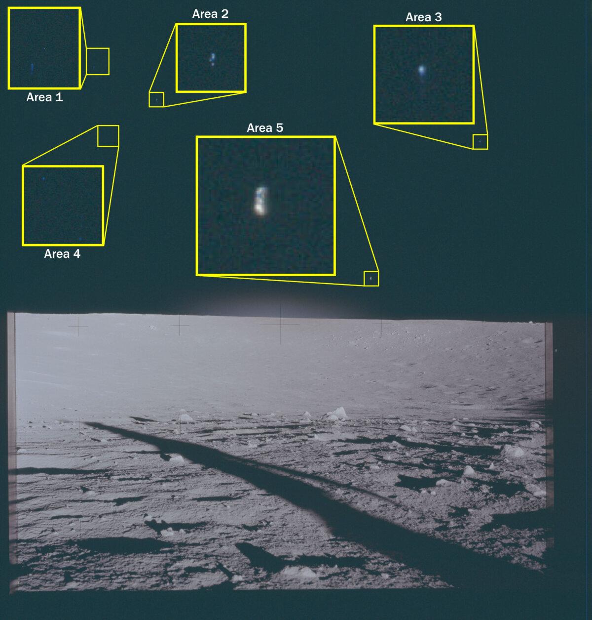 NASA unveiled a series of unidentified phenomena seen from the lunar surface during the Apollo 12 mission in 1969. The image released on May 8, 2026, was “modified from its original state to assist viewers in identifying specific areas of interest.” (NASA)