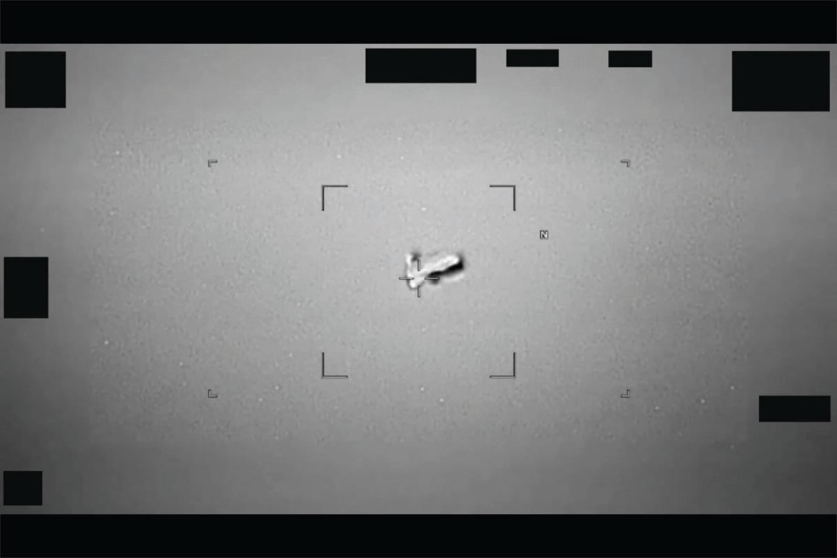 The U.S. Indo-Pacific Command reported a UAP that resembled a football-shaped body near Japan in 2024. The image was released on May 8, 2026. (Department of War)