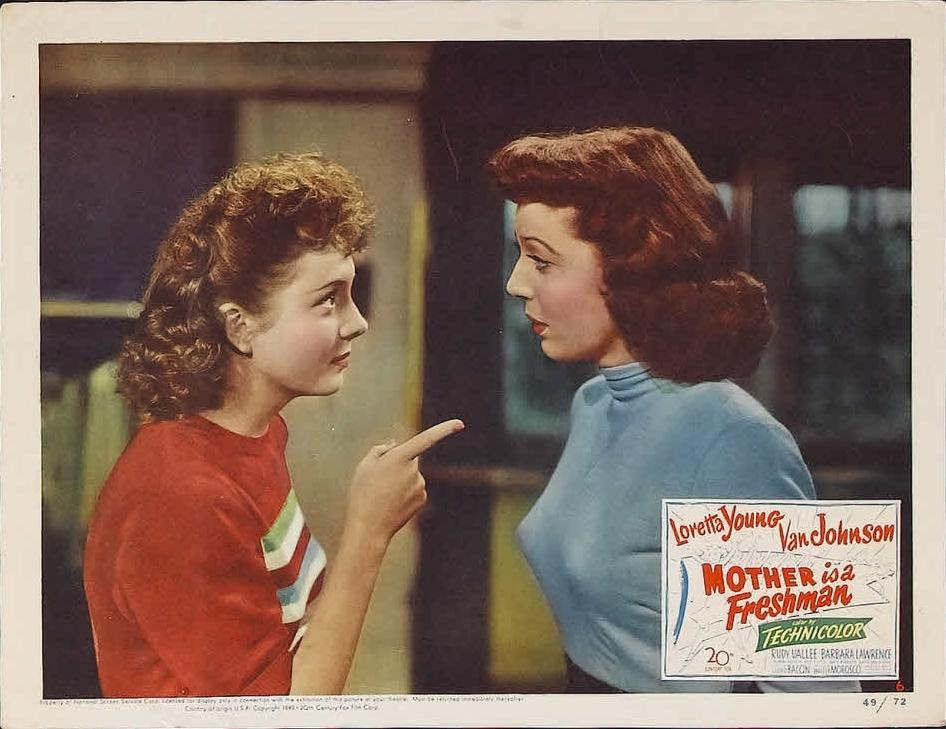 Susan Abbott (Betty Lynn, L) and Mrs. Abby Abbott (Loretta Young), in "Mother is a Freshman." (20th Century Fox/MovieStillsDB)