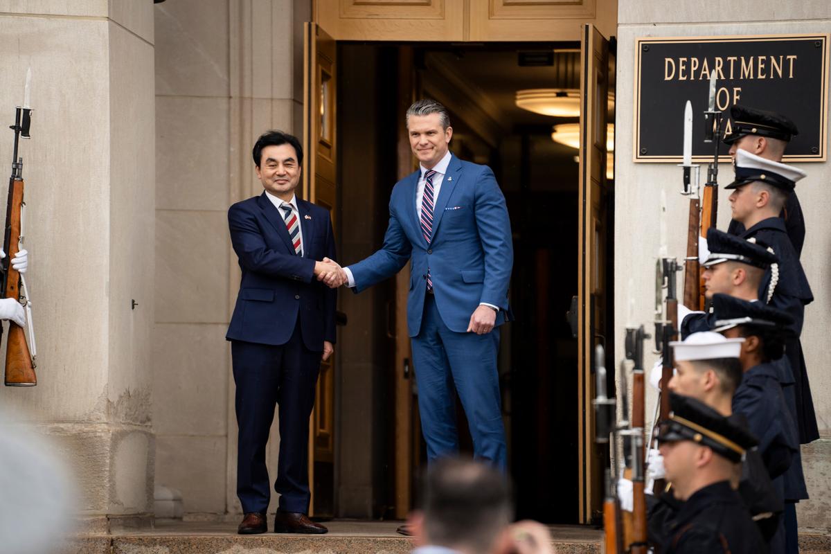Secretary of War Pete Hegseth hosts an enhanced honor cordon and meeting welcoming South Korean Minister of National Defense Ahn Gyu-Back to the Pentagon in Arlington, Va., on May 11, 2026. (Madalina Kilroy/The Epoch Times)