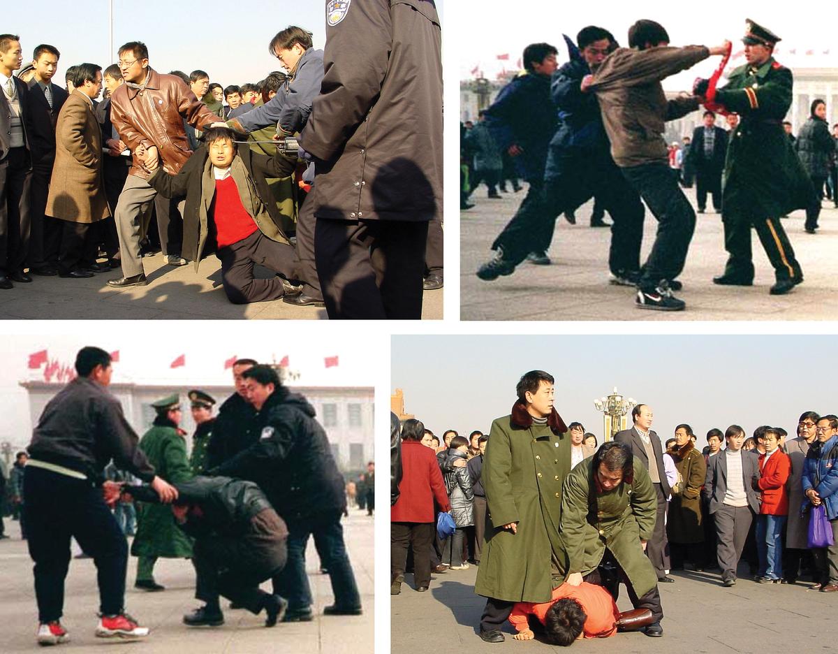 Chinese police detain Falun Gong practitioners in Tiananmen Square in Beijing, in this file photo collage. Under Chinese Communist Party rule, tens of millions of religious believers—including house Christians, Tibetan Buddhists, Uyghur Muslims, and Falun Gong practitioners—risk arrest day in and day out. (Chien-Min Chung/AP Photo, Minghui)