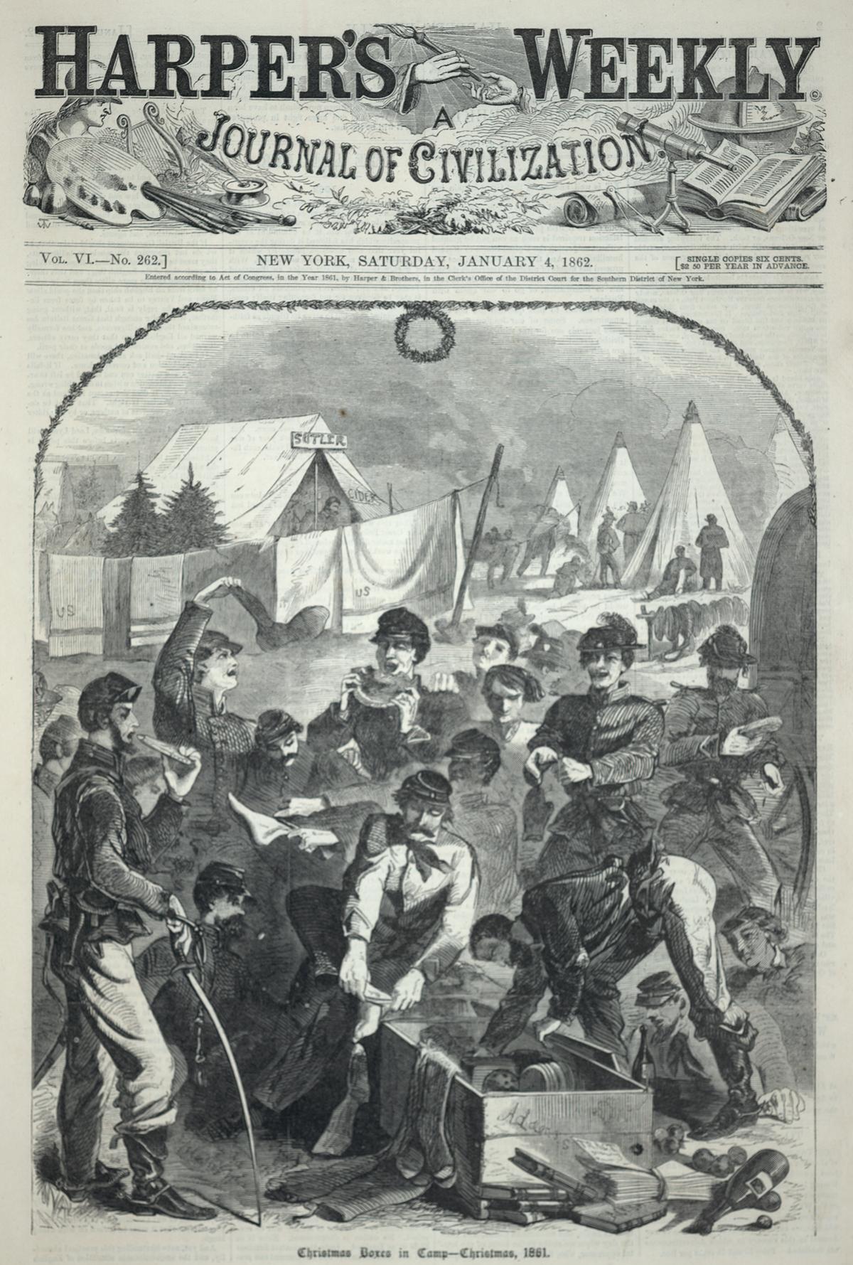 Winslow Homer, "Christmas Boxes in Camp--Christmas, 1861,"  from Harper's Weekly, Jan. 4, 1862, by Winslow Homer. Wood engraving on paper;  11 inches by 9 1/4 inches. Smithsonian American Art Museum, Washington. (Public Domain)